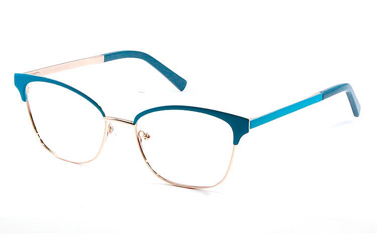 Gafa graduada Optimoda Jolie; gafa metálica con ceja y varillas en azul y aro dorado.